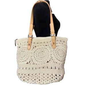 Women's THE SAK Cream Boho Woven Shoulder Bag Purse Leather Straps Medium